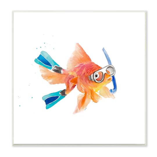 Stupell Industries Goldfish Pet Blue Snorkel Gear Funny Swimming Fish,12" x 12"